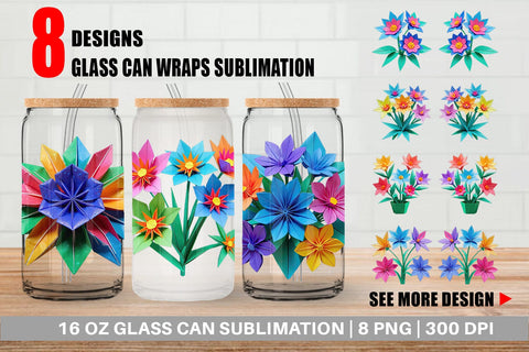 Glass Can Wrap Origami Flowers Sublimation artnoy 