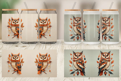 Glass Can Wrap Owl Boho Art Sublimation artnoy 
