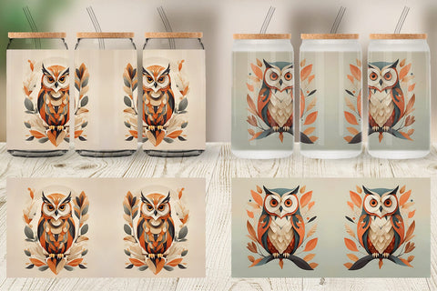 Glass Can Wrap Owl Boho Art Sublimation artnoy 