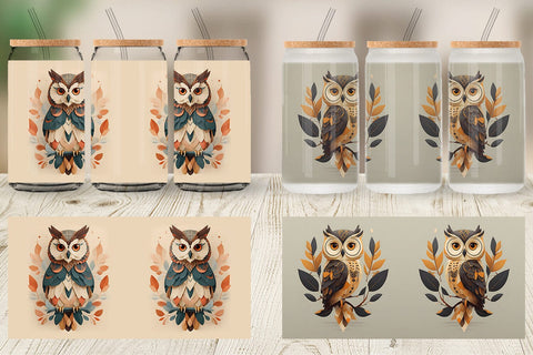 Glass Can Wrap Owl Boho Art Sublimation artnoy 