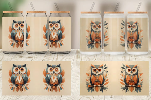 Glass Can Wrap Owl Boho Art Sublimation artnoy 