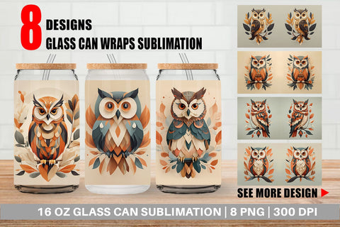 Glass Can Wrap Owl Boho Art Sublimation artnoy 