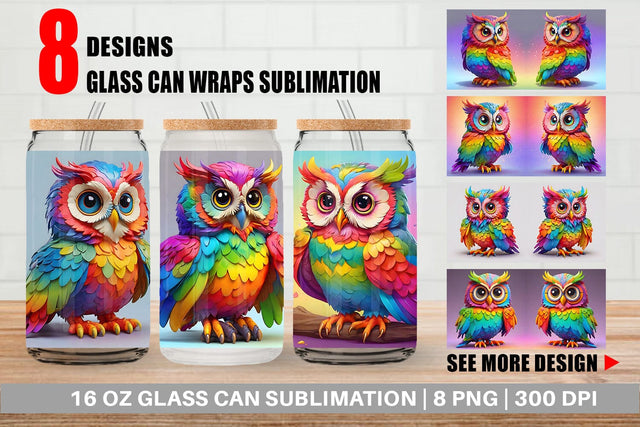 Glass Can Wrap Owl Colorful Sublimation artnoy 