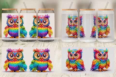 Glass Can Wrap Owl Colorful Sublimation artnoy 