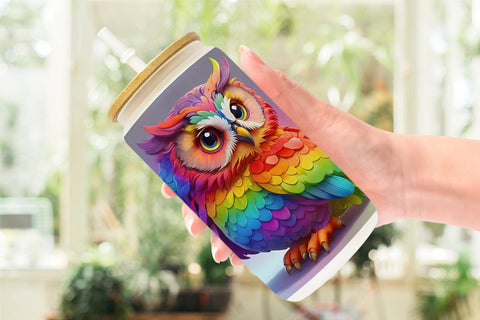 Glass Can Wrap Owl Colorful Sublimation artnoy 