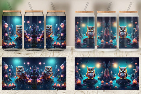 Glass Can Wrap Owl Perched on Rock Sublimation artnoy 