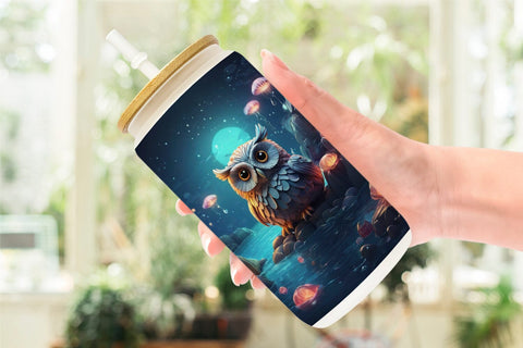 Glass Can Wrap Owl Perched on Rock Sublimation artnoy 