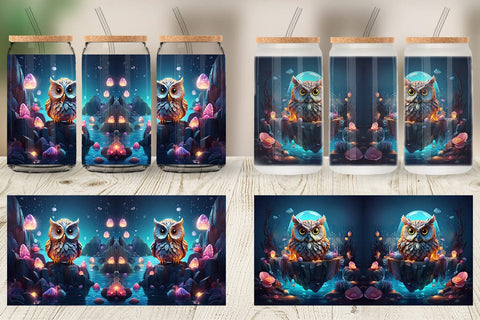 Glass Can Wrap Owl Perched on Rock Sublimation artnoy 