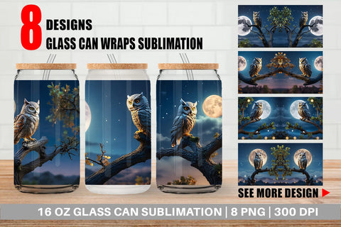Glass Can Wrap Owl Perched Sublimation artnoy 