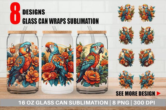 Glass Can Wrap Parrot and Flower Sublimation artnoy 