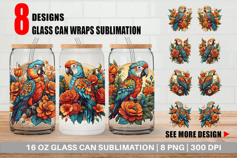 Glass Can Wrap Parrot and Flower Sublimation artnoy 