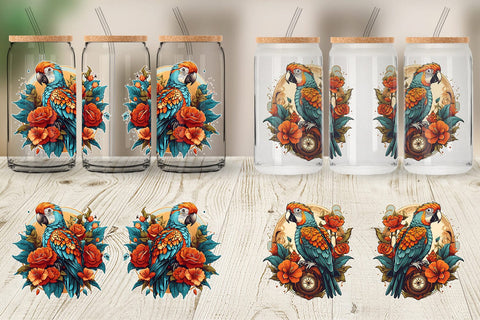 Glass Can Wrap Parrot and Flower Sublimation artnoy 