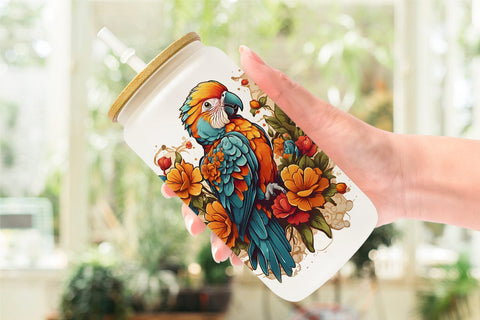 Glass Can Wrap Parrot and Flower Sublimation artnoy 