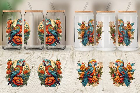 Glass Can Wrap Parrot and Flower Sublimation artnoy 