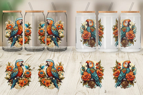 Glass Can Wrap Parrot and Flower Sublimation artnoy 