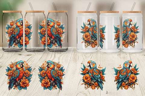 Glass Can Wrap Parrot and Flower Sublimation artnoy 