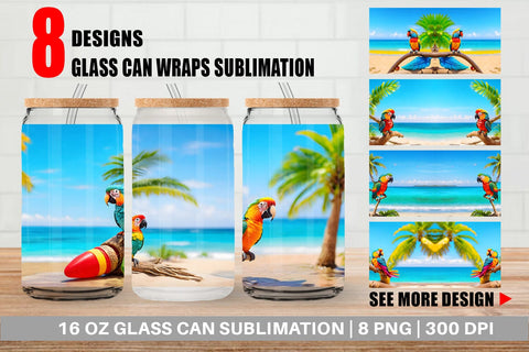 Glass Can Wrap Parrots in Beach Summer Sublimation artnoy 