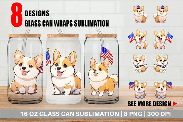 Glass Can Wrap Patriotic Corgi Sublimation artnoy 