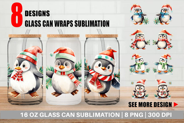 Glass Can Wrap Penguin in Santa Hat Sublimation artnoy 