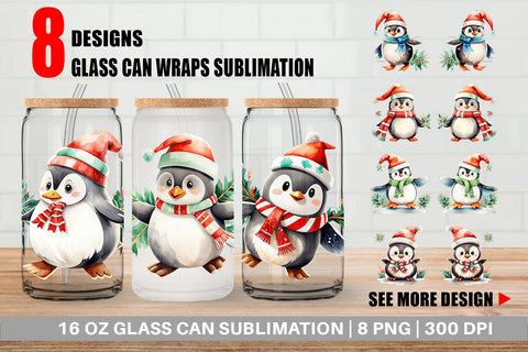 Glass Can Wrap Penguin in Santa Hat Sublimation artnoy 