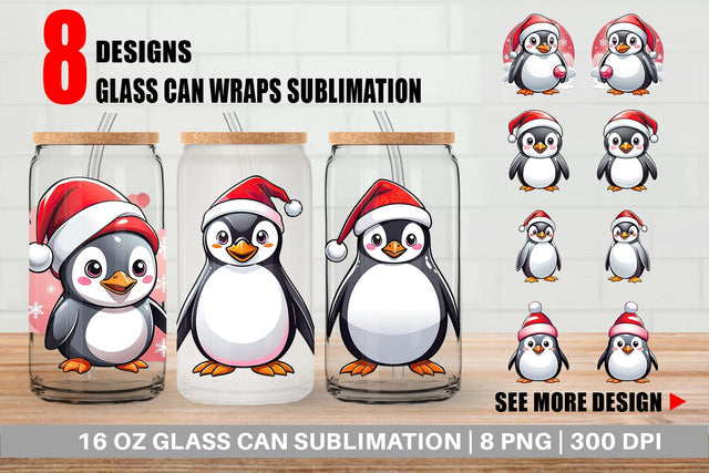 Glass Can Wrap Penguin with Santa Hat Sublimation artnoy 