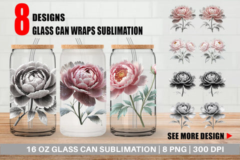 Glass Can Wrap Peony Sketch Sublimation artnoy 