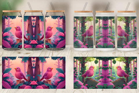 Glass Can Wrap Pink Bird in the Forest Sublimation artnoy 
