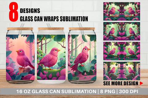 Glass Can Wrap Pink Bird in the Forest Sublimation artnoy 