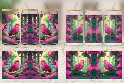Glass Can Wrap Pink Bird in the Forest Sublimation artnoy 