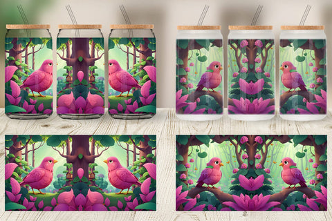 Glass Can Wrap Pink Bird in the Forest Sublimation artnoy 