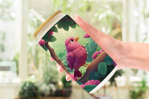 Glass Can Wrap Pink Bird in the Forest Sublimation artnoy 