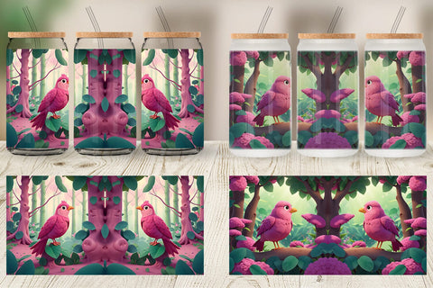Glass Can Wrap Pink Bird in the Forest Sublimation artnoy 