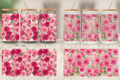 Glass Can Wrap Pink Rose Pattern Sublimation artnoy 