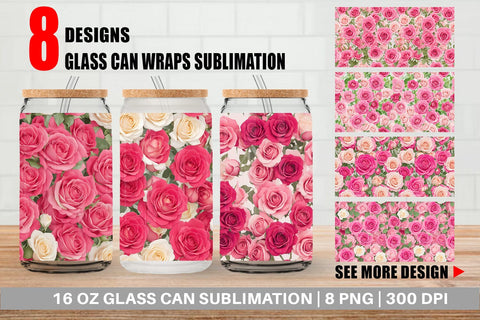 Glass Can Wrap Pink Rose Pattern Sublimation artnoy 