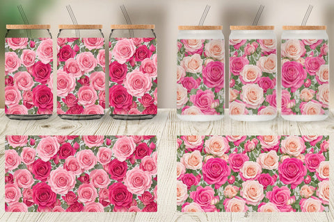 Glass Can Wrap Pink Rose Pattern Sublimation artnoy 