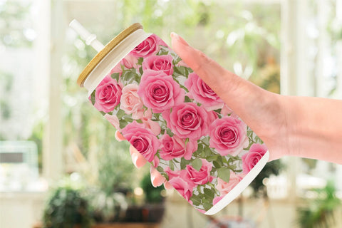 Glass Can Wrap Pink Rose Pattern Sublimation artnoy 