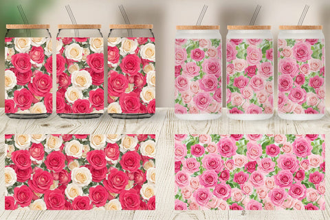 Glass Can Wrap Pink Rose Pattern Sublimation artnoy 