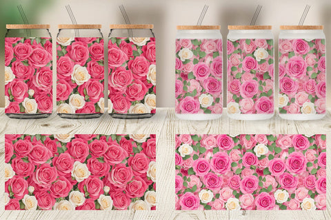 Glass Can Wrap Pink Rose Pattern Sublimation artnoy 