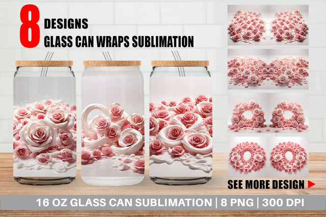 Glass Can Wrap Pink Roses Flower Sublimation artnoy 