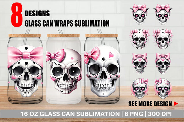 Glass Can Wrap Pink Skull Sticker Sublimation artnoy 