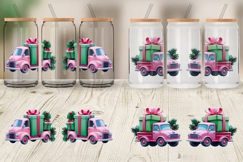 Glass Can Wrap Pink Truck Christmas Sublimation artnoy 