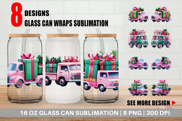 Glass Can Wrap Pink Truck Christmas Sublimation artnoy 