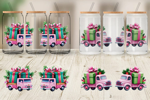 Glass Can Wrap Pink Truck Christmas Sublimation artnoy 