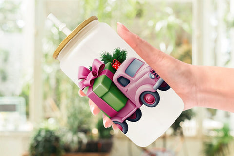 Glass Can Wrap Pink Truck Christmas Sublimation artnoy 
