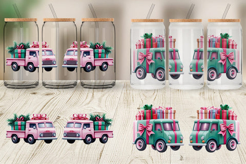 Glass Can Wrap Pink Truck Christmas Sublimation artnoy 