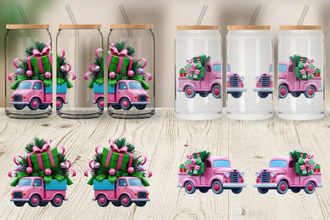 Glass Can Wrap Pink Truck Christmas Sublimation artnoy 