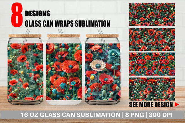 Glass Can Wrap Poppy Flower Pattern Sublimation artnoy 