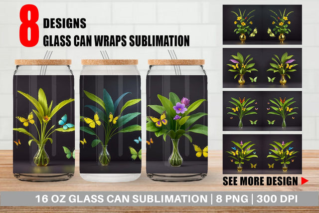 Glass Can Wrap Pot Plants and Butterfly Sublimation artnoy 