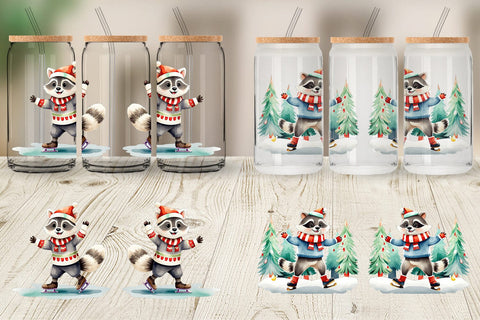 Glass Can Wrap Raccoon Ice Skating Sublimation artnoy 