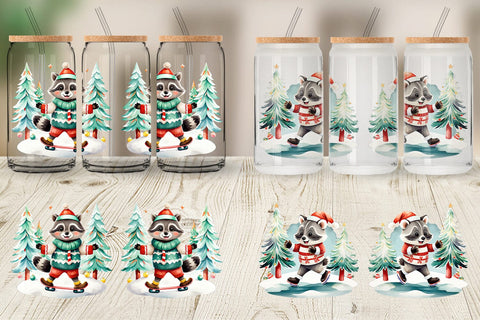 Glass Can Wrap Raccoon Ice Skating Sublimation artnoy 